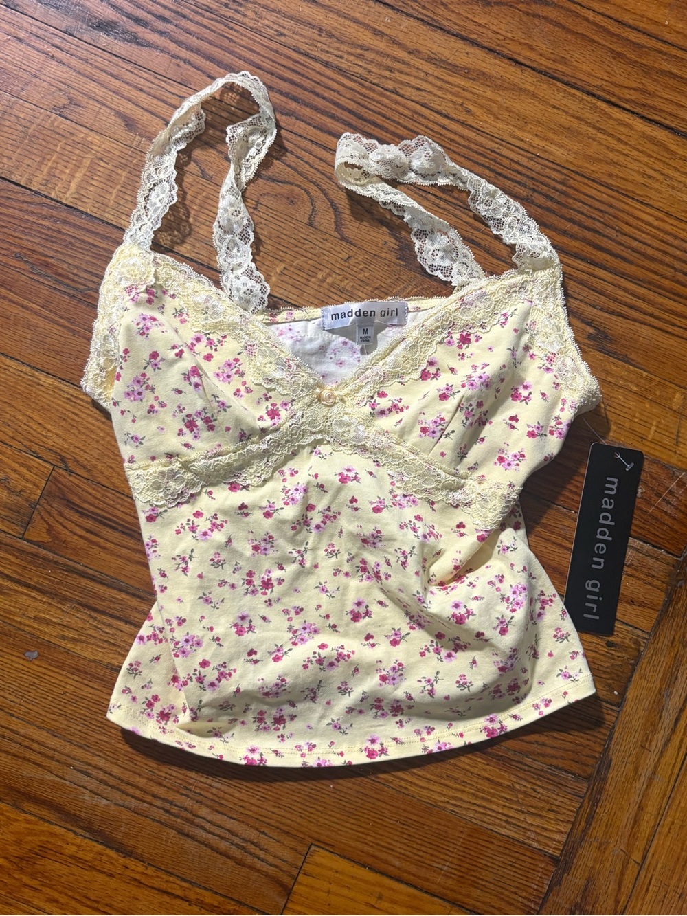 Madden Girl Ribbon-Trim Lace Cami Yellow & Pink Medium NWT